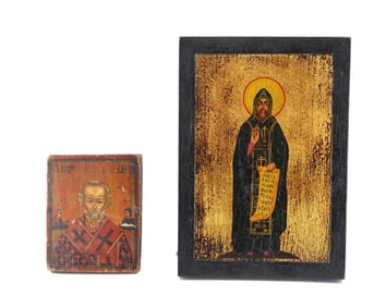 (2) Russian Hand Painted Wooden Icons - Saint Cyril, Saint Nicholas