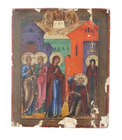 Antique Russian Orthdox Wood Panel Icon, The Virgin Mother Appearing Before St. Sergei