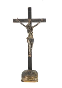 Antique Spanish Colonial Painted Carved Wood Christ on the Cross