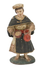 Antique 18th Century Wood Carved Polychrome Sculpture of a Woman Carrying a Jug