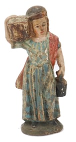 Antique 18th Century Carved Wood Polychrome Sculpture of a Woman Carrying a Jug and a Basket