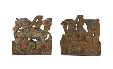 Pair of Antique Polychrome Painted Wood Carved Figures, St. George and the Dragon
