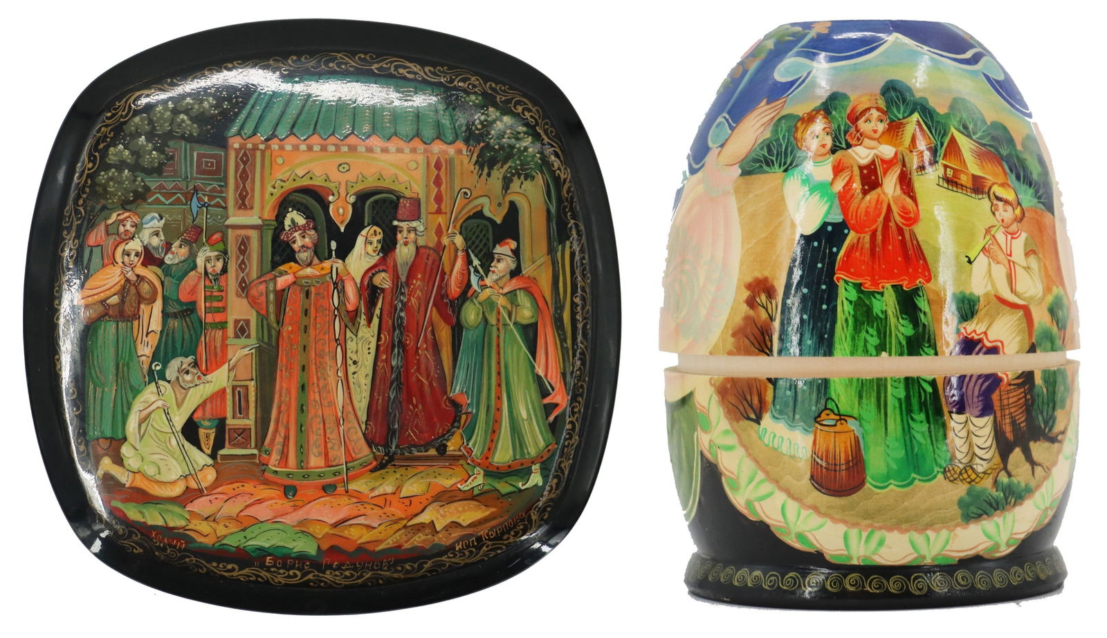 Signed Russian Black Lacquer Box and Nesting Doll Set: Signed Russian Black Lacquer Box and Nesting Doll Set. Both hand painted with Russian folk art scenes. Condition as pictured. Nesting Doll: 4 x 4 x 6 in. Box: 4 1/2 x 4 1/2 x 1 in.