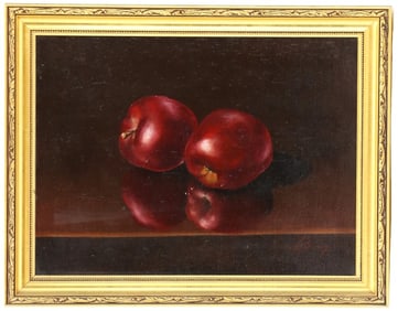 Signed Mid-20th Century French School Oil on Canvas Still Life of Two Red Apples with Reflections