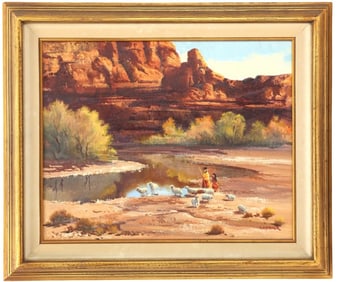 Beverly Carrick (1930-2012) American, Desert Scene with Sheep and Shepherd by a Stream, Signed Oil