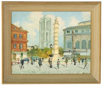 French School Mid Century Paris Street Scene "Place Vendome" Signed Oil Painting