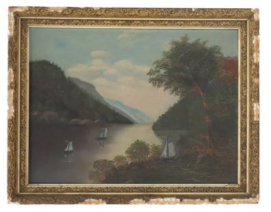 Oil on Canvas Impressionist River Landscape: Oil on Canvas Impressionist River Landscape. Impressionist landscape painting of a river valley with small sailboats. Unsigned. Framed. River valleys have long captivated artists, often symbolizing th