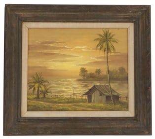 Signed Lintz Californian Tropical Oil on Canvas Painting