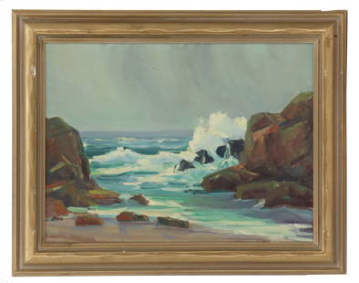 Roderick Morrison (1889-1955) Scottish/American, Oil on Board Seascape Painting: Roderick Morrison (1889-1955) Scottish/American, Oil on Board Seascape Painting. Depicts tall rocks along a beach with waves crashing magnificently against them. Attribution on the back of the frame a