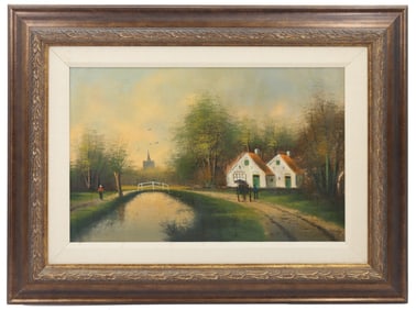 Framed Old Dutch Style Rural Landscape Oil on Board