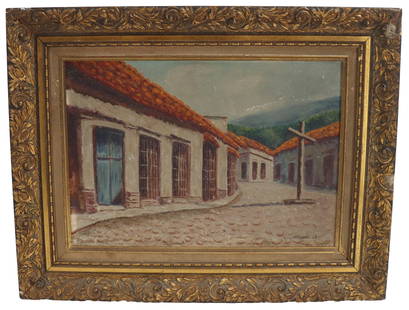 Attrib. Guy Carleton Wiggins (American, 1883-1962) Oil On Canvas Board: Attrib. Guy Carleton Wiggins (American, 1883-1962) Oil On Canvas Board. Oil on panel painting attributed to Guy Carleton Wiggins (American, 1883 - 1962) depicting a street and with a cross at right. &