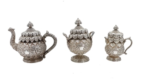 (3) Indian Ornate Sterling Silver Metal Tea Set