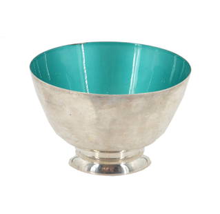 Towle Sterling and Enamel Revere Style Bowl: TOWLE Sterling and Enamel Revere Style Bowl.&nbsp;&nbsp;Sterling silver and teal enamel interior Revere style bowl. Marked on base. Towle Silversmiths is one of America&rsquo;s oldest and most esteeme