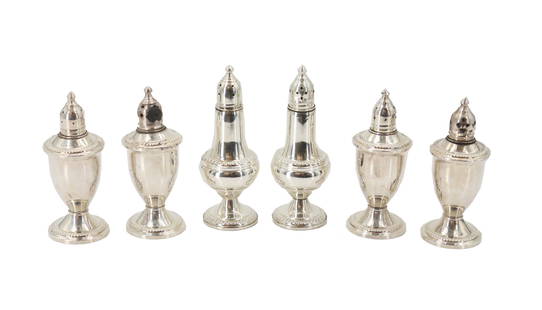 (6) Sterling Weighted Salt and Pepper Shakers: (6) Sterling Weighted Salt and Pepper Shakers. Lot comprised of six sterling weighted salt and pepper shakers. Marked on base. Size: 2 x 2 x 5 1/4 in. &nbsp; Silver salt and pepper shakers combine eve