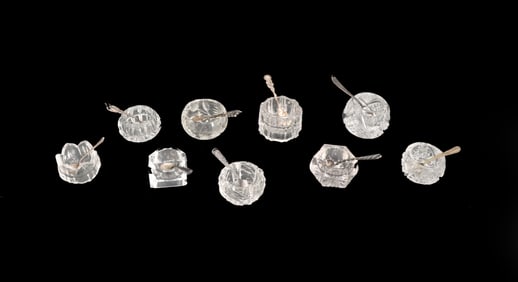 (9) Cut Glass Salt Cellars and Sterling Silver Spoons - 0.855 ozt