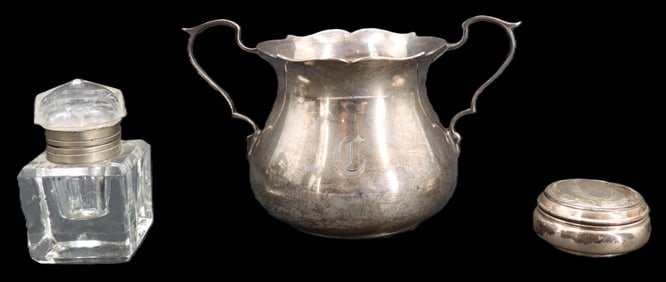 (3) German Sterling Silver Items - Pitcher, Ink Well, Trinket Box