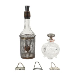 (2) Antique Glass and Silver Bottles and (3) Pewter and Metal Alcohol Tags