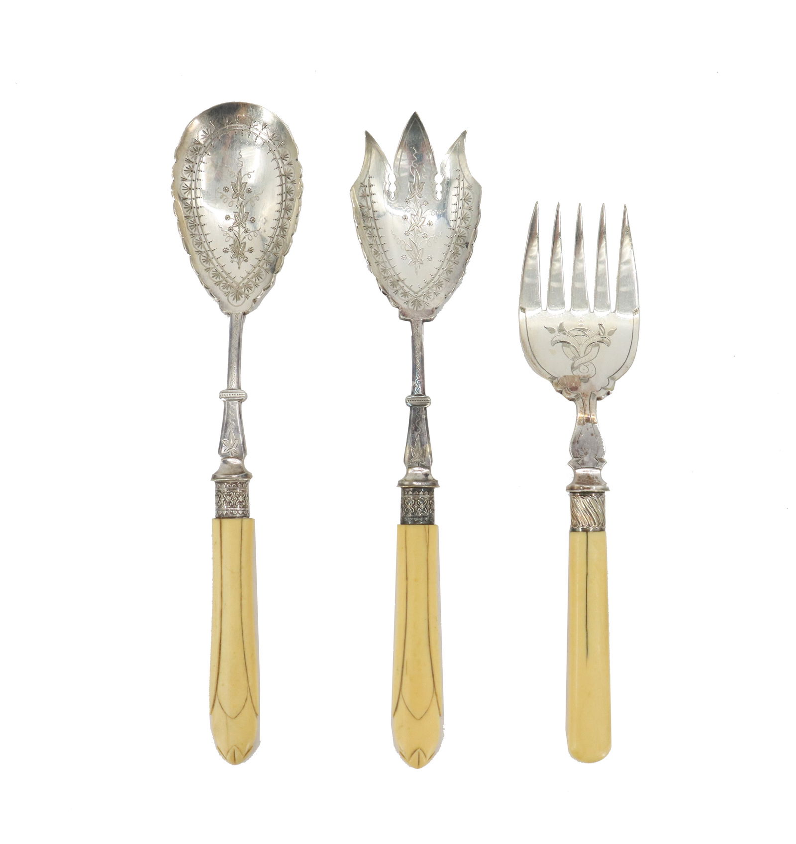 (3) Silver Plated Flatware with Bone Handles: (3) Silver Plated Flatware with Bone Handles.Cuff is sterling. Utensils are silver plated.Three matched serving utensils -- knife, fork, and spoon -- with etched design in bowls and stem. Impressed En