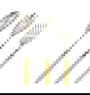 (3) English Sterling Silver Flatware with Bone Handles: (3) English Sterling Silver Flatware with Bone Handles. Three matched serving utensils -- knife, fork, and spoon -- with etched design in bowls and stem. Impressed English hallmarks on stem, verso. Si