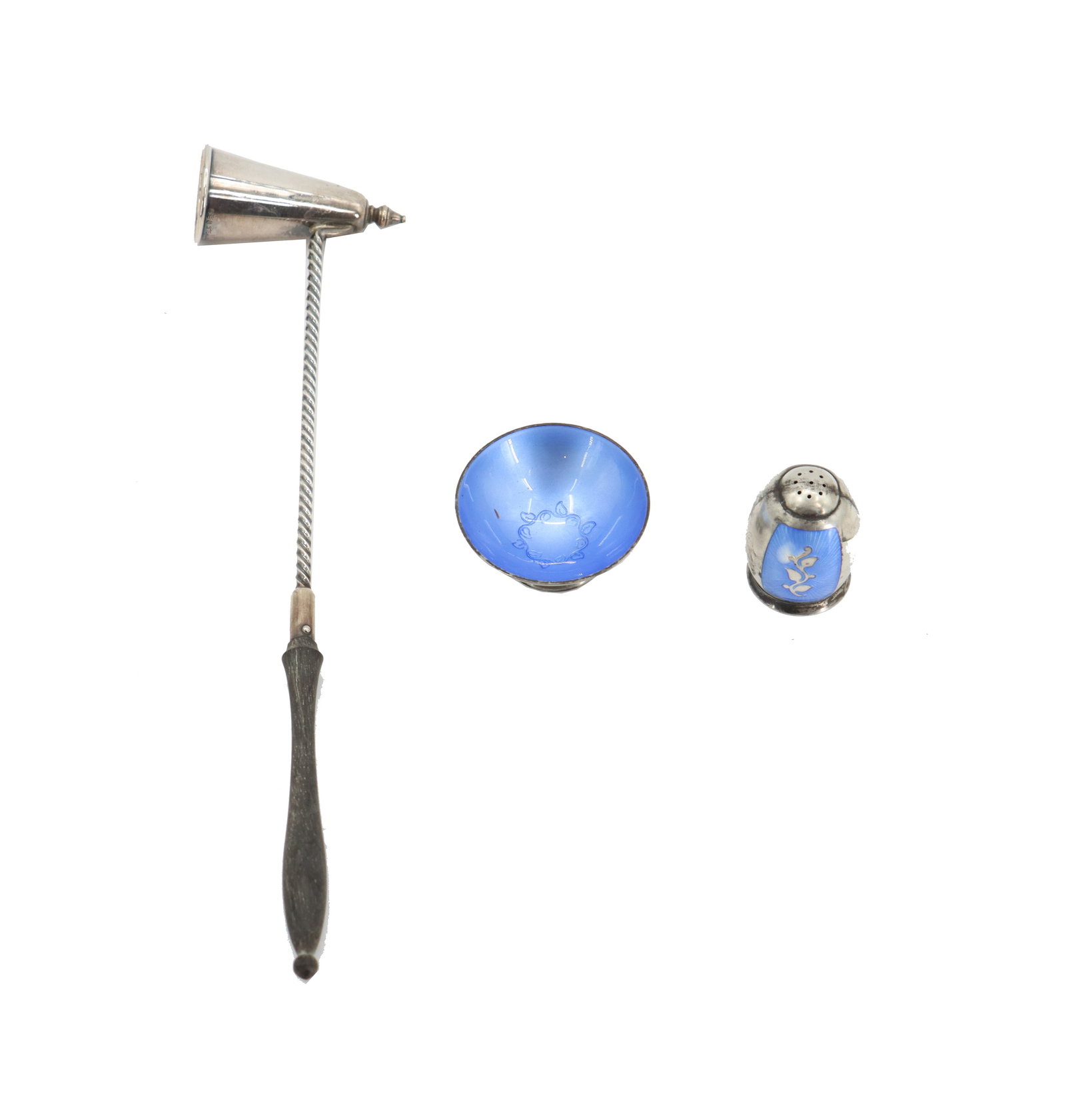 (3) Sterling Silver Items 1 Candle Snuff and 2 Danish Blue and Silver: (3) Sterling Silver Items 1 Candle Snuff and 2 Danish Blue and Silver. Danish are marked as VB (Volmer Bahner) A prominent silversmith. Volmer Bahner is particularly well-known for his enamelled