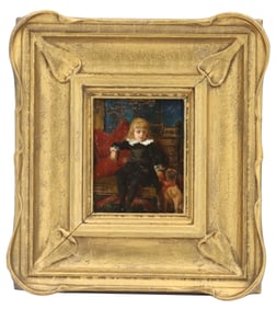 19th Century Painting of a Young Boy with a Pug Dog in the Style of Sir John Everett Millais