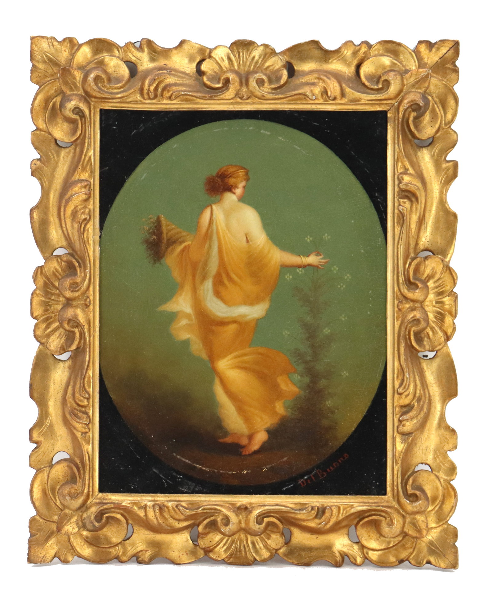 Luigi Del Buono (19th Century) Italian, Antique Oil on Board Painting of the Roman Goddess Flora: Luigi Del Buono (19th Century) Italian, Antique Oil on Board Painting of the Roman Goddess Flora. Based on a 1st Century Roman wall painting discovered at Pompeii. Signed lower right. Condition