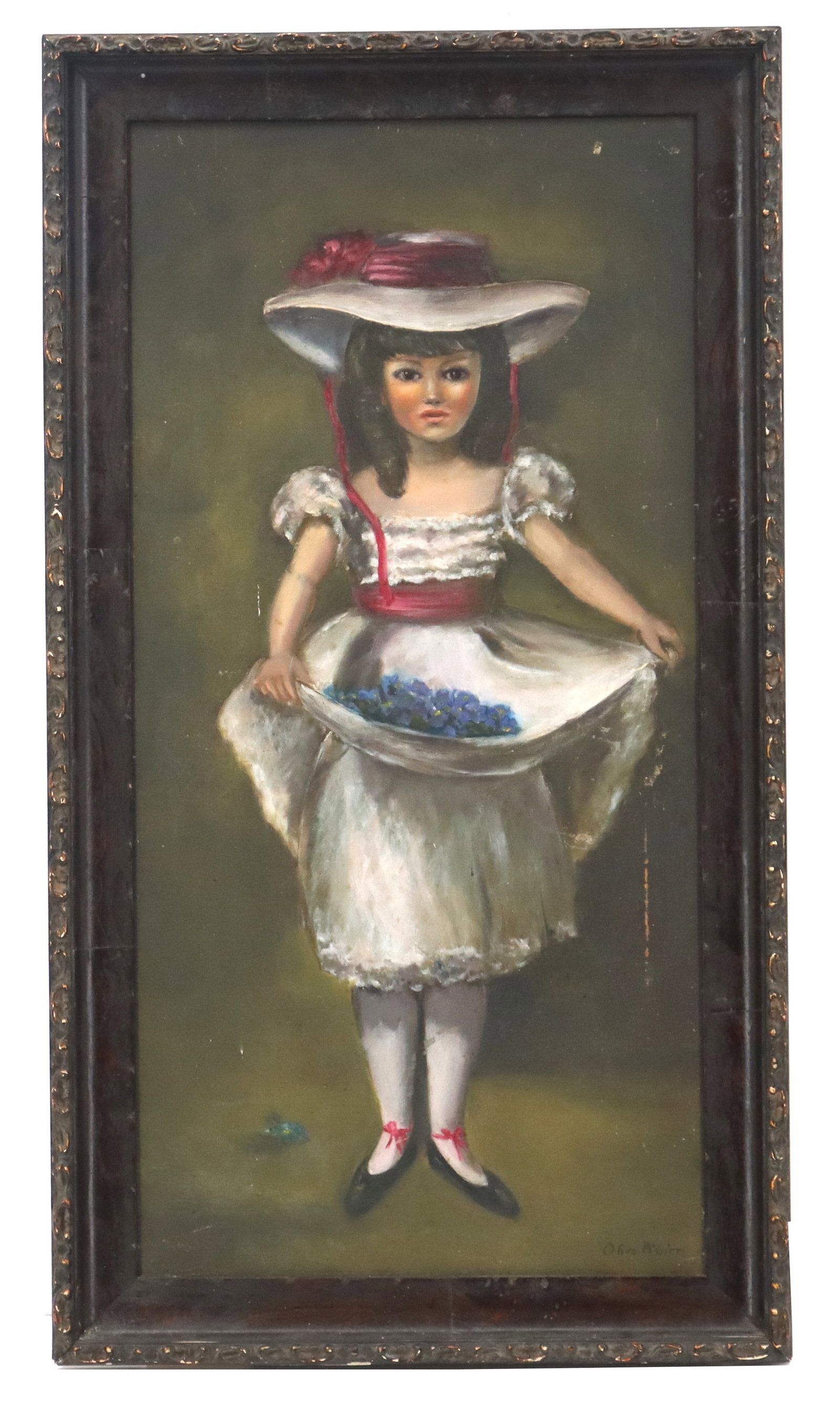 Olive McGirr (20th Century) Oil on Canvas "Girl with Blueberries": Olive McGirr (20th Century) Oil on Canvas "Girl with Blueberries". Oil on canvas figural portrait of a young girl in a white sundress, carrying a mound of blueberries in her skirt. Signed lo