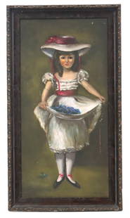 Olive McGirr (20th Century) Oil on Canvas "Girl with Blueberries": Olive McGirr (20th Century) Oil on Canvas &quot;Girl with Blueberries&quot;. Oil on canvas figural portrait of a young girl in a white sundress, carrying a mound of blueberries in her skirt. Signed lo