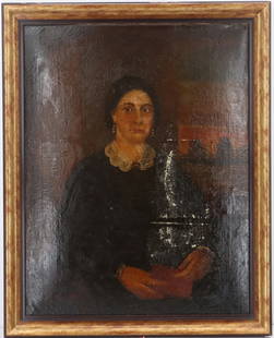 Early 19th Century Oil on Canvas Portrait of a Woman: Early 19th Century Oil on Canvas Portrait of a Woman. Oil on canvas traditional portraiture of a matronly woman. Signed illegibly lower right. Framed. Condition: Some loss to paint. Overall Size: 40 1
