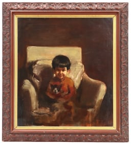 Sheldon Fink (1925-2002) American, Oil on Canvas of a Small Boy with a Dog