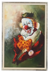 1950s Italian Signed Oil on Canvas Portrait of a Clown