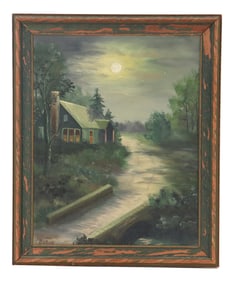 Signed Luminous Moonlit Landscape Oil Painting on Canvas