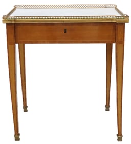 French Single Drawer Writing Table With Inlay Provincial Scene and Gallery Railing