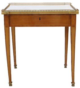 French Single Drawer Writing Table With Inlay Provincial Scene and Gallery Railing: French Writing Table With Inlay Provincial Scene and Gallery Railing. The top of the table is decorated with a river scene with a rural medieval Village.&nbsp;Tapered square legs. Gallery Railing, pie