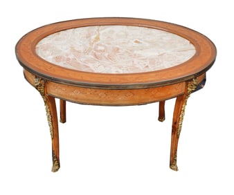 French Neoclassical Inlay Marble Top Table With Gilt Bronze Ormolu Design