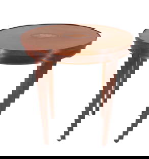 Baker Furniture Flame Mahogany Oval Inlay Shell Side Table: Baker Furniture Flame Mahogany Oval Inlay Shell Side Table. The oval tabletop is held up by four tapered square-cut legs. Baker plaque attached on underside.&nbsp; Condition: Great.&nbsp; Size: 18 x 1