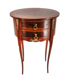 Elegant French Provincial Inlaid 2 Drawer Accent Table With Ormolu Mounts