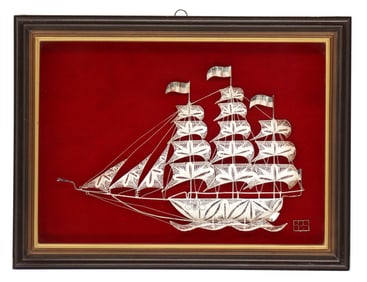 Antique Sterling Silver Filigree Mounted Ship sculpture