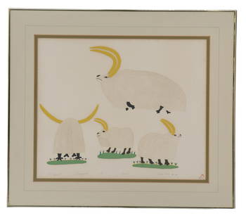 Pudlo Pudlat (1916-1992) Canadian/Inuk/Inuit, Signed and Numbered Lithograph: Pudlo Pudlat (1916-1992) Canadian/Inuk/Inuit, Signed and Numbered Lithograph. From one of the most celebrated indigenous artists of all time, it depicts four musk ox from various perspectives. The tit