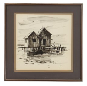 Signed Ink and Wash Architectural Landscape