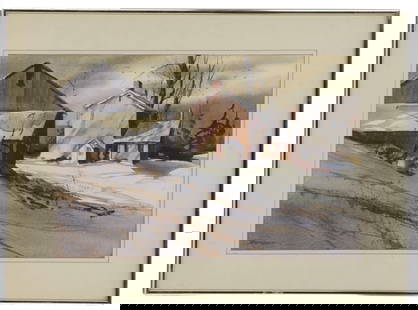 Robert L. Brubaker (1921 – 2011) American, Watercolor on Paper Winter Landscape: Robert L. Brubaker (1921 &ndash; 2011) American, Watercolor on Paper Winter Landscape. Watercolor on paper winter landscape painting of a snowy rural town. Signed lower left. Framed. Overall Size: 20