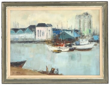 Jean Kalisch Mid 20th Century Oil on Canvas "Boats" at Oakland Docks
