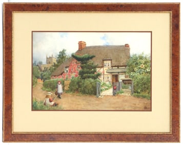 John Joseph Potts (1844-1933) English, Watercolor of an English Country Cottage with Two Young Girls