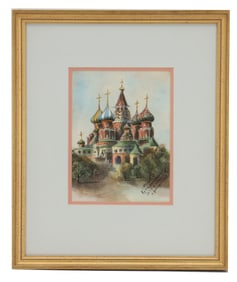 Russian Watercolor of St. Basil's Cathedral, Moscow