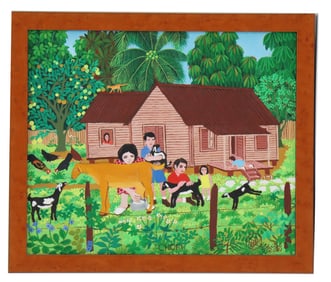 Luis Joaquin Rodriguez Arias (Born 1942) Cuban, "Chofi" Oil on Canvas Village Scene with a Girl
