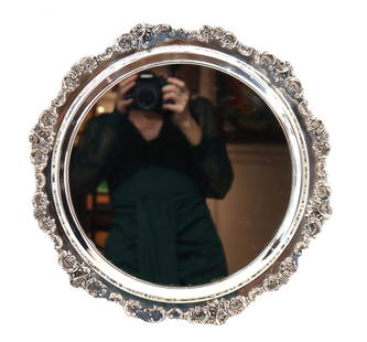 Wallace 'Baroque' Silver Plate and Mirrored Plateau/Hanging Mirror: Wallace &#39;Baroque&#39; Silver Plate and Mirrored Plateau/Hanging Mirror. Marked on rim. Wallace Silversmiths&mdash;originally founded as R. Wallace &amp; Sons Mfg. Co. in Wallingford, Connecticut b