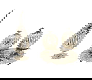 (2) 830 Silver Decorative Vessels: (2) 830 Silver Decorative Vessels. Two marked 830 silver serving items, including tray with two attached hinged-lid bowls in the form of blower buds and seated birds on stems; one oil decanter in pear