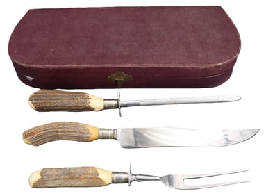 (3) Piece Carved Antler Handled Stainless Steel Carving Set with Original Leather Case