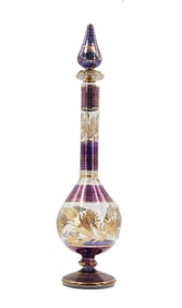 Tall Bohemian Gilt and Painted Glass Decanter with Stopper