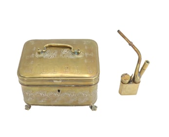 (2) Late 19th/Early 20th Indonesian Brass Jewelry Box and Opium Pipe